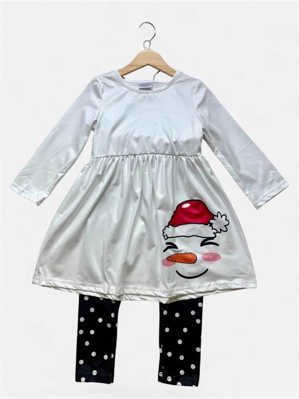 Rylee Faith Christmas Girls White Snowman Dress W/Black Polka Dot Leggings Set
